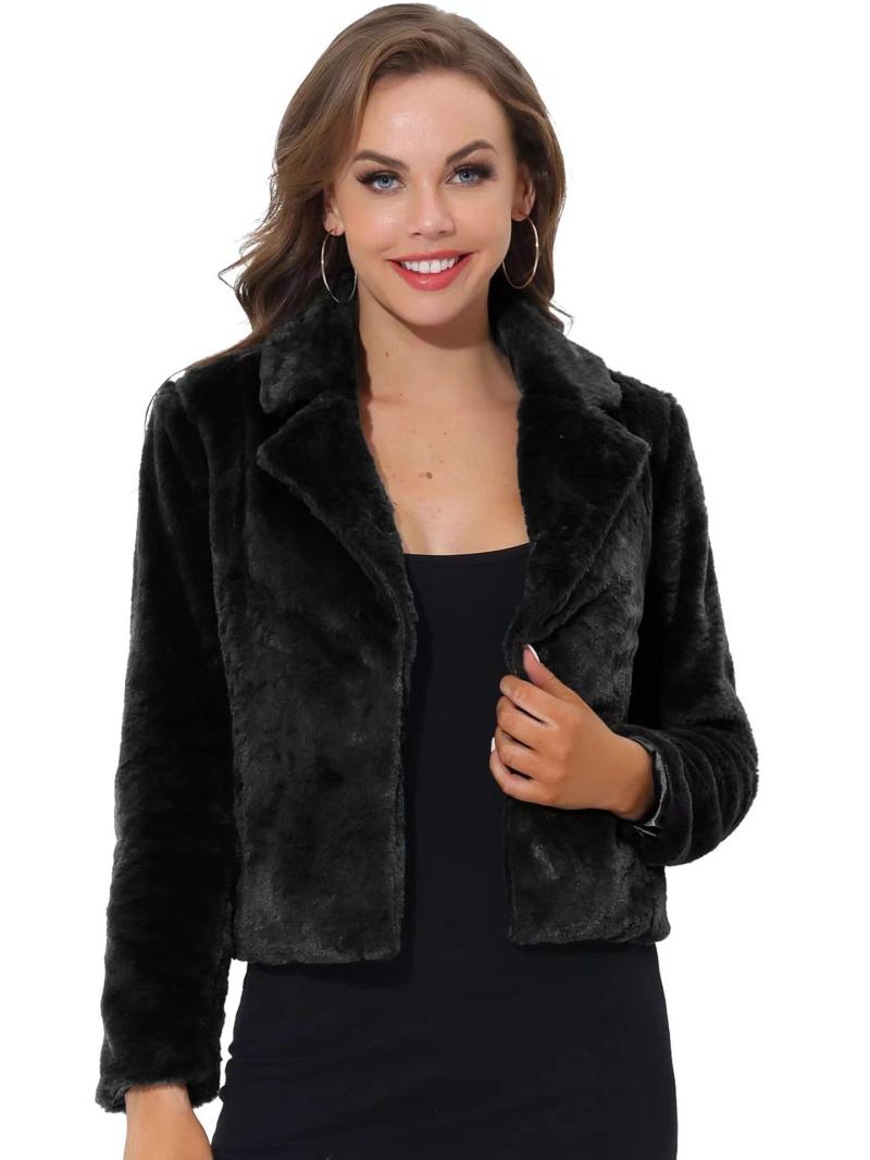 Coats | Black Collared Faux Fur Coat  –  Womens Clothing Black