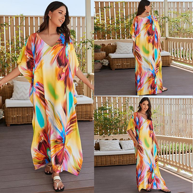 Dresses | Beige Abstract Print Chiffon Draped Tunic Dress  –  Womens Clothing Beige