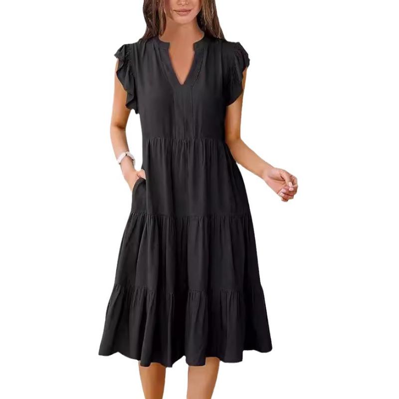 Dresses | Black Plain Frill Detail Tiered Midi Dress  –  Womens Clothing Black