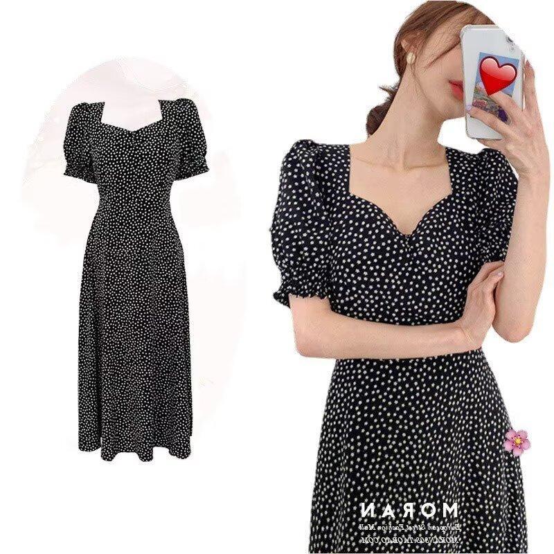 Dresses | Black Polka Dot Print Midi Dress  –  Womens Clothing Black