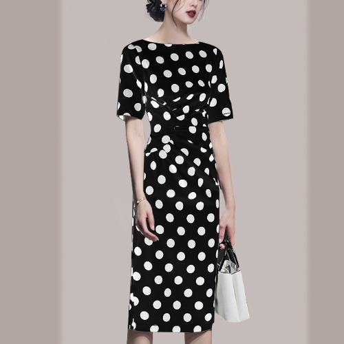 Dresses | Black Ruched Neck Spot Print Midi Dress  –  Womens Clothing Black