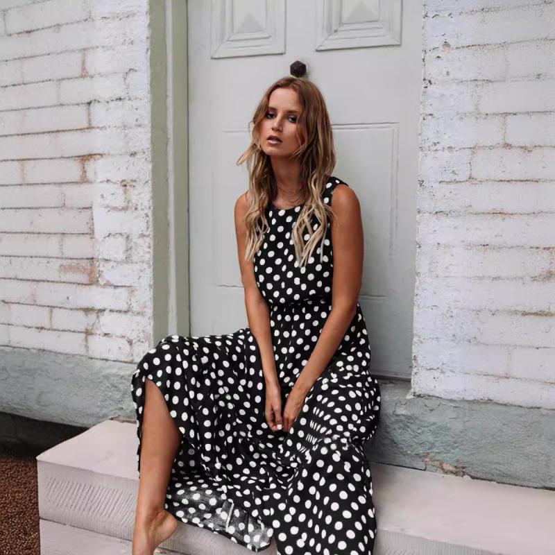 Dresses | Black Sleeveless Polka Dot Midi Stretch Dress  –  Womens Clothing Black