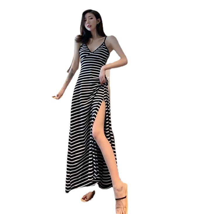 Dresses | Black Striped Draw Cord Maxi Dress  –  Womens Clothing Black