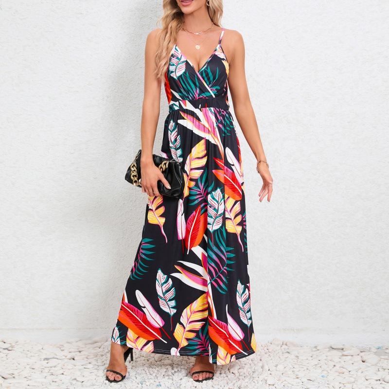 Dresses | Black Tropical Palm Shirred Waist Maxi Dress  –  Womens Clothing Black