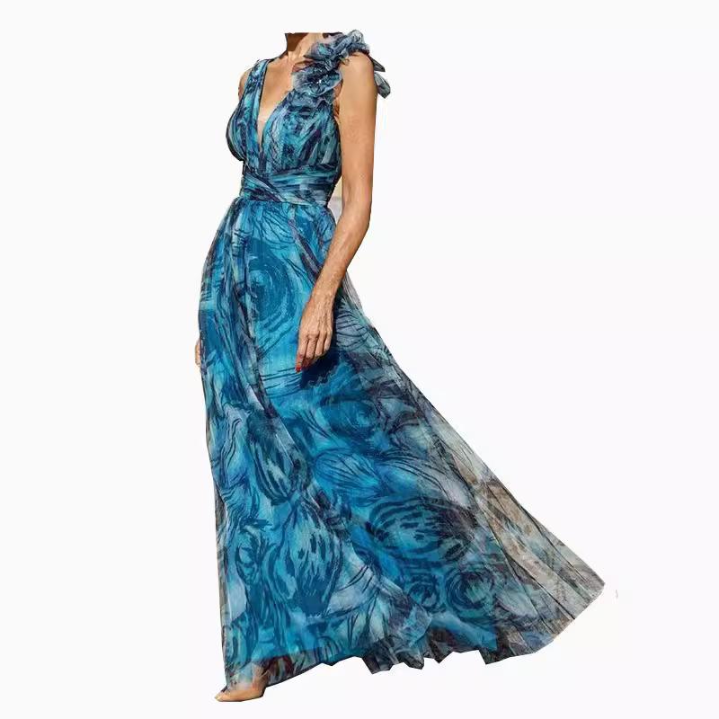 Dresses | Blue Abstract Print Twist Front Ruched Maxi Dress  –  Womens Clothing Blue