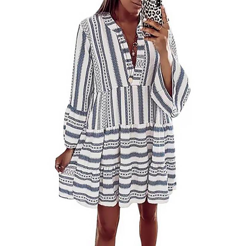 Dresses | Blue Aztec Print Frill Smock Dress  –  Womens Clothing Blue