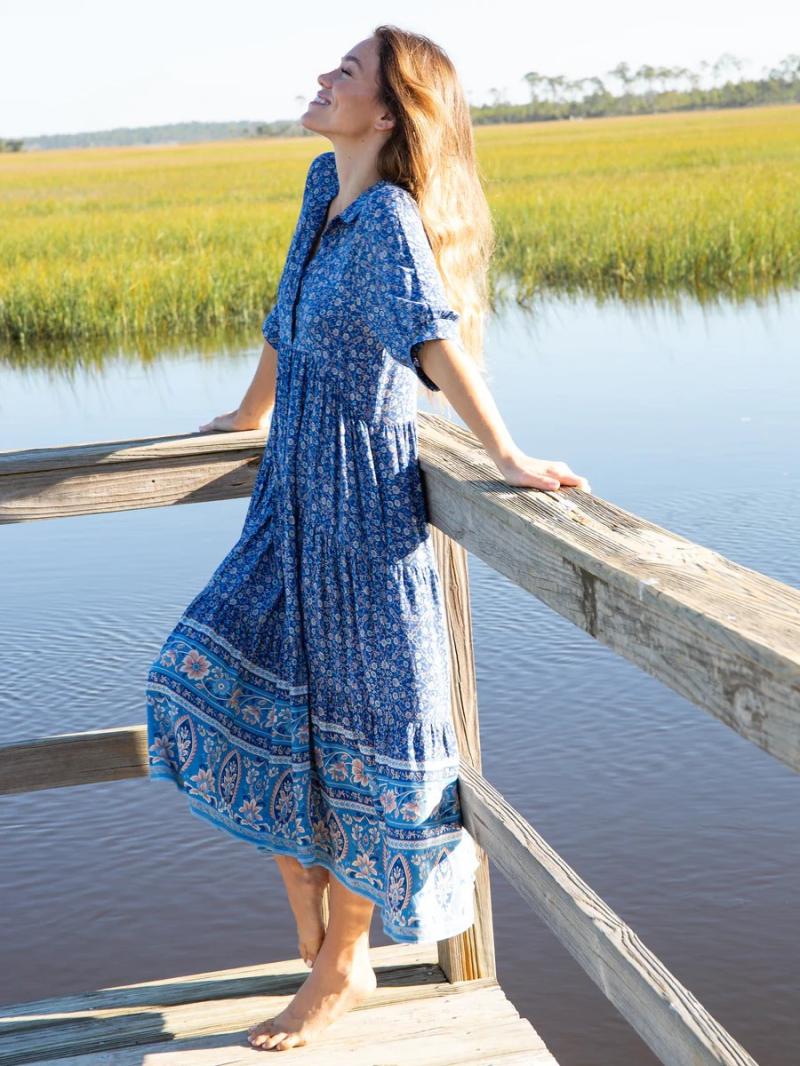 Dresses | Blue Border Print Frill Hem Smock Dress  –  Womens Clothing Blue