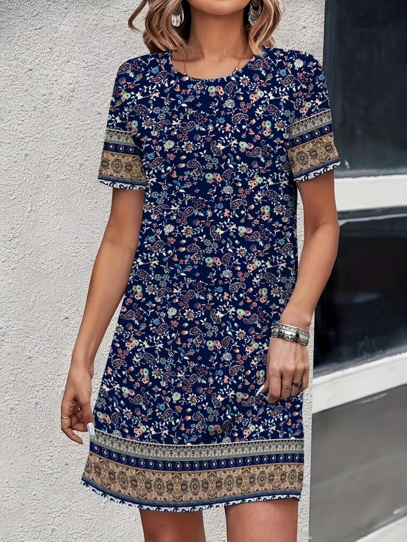 Dresses | Blue Floral Border Print Swing Dress  –  Womens Clothing Blue