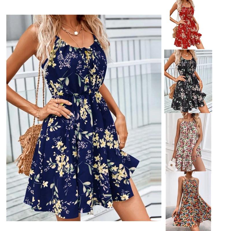 Dresses | Blue Frill Hem Leaf Print Sundress  –  Womens Clothing Blue