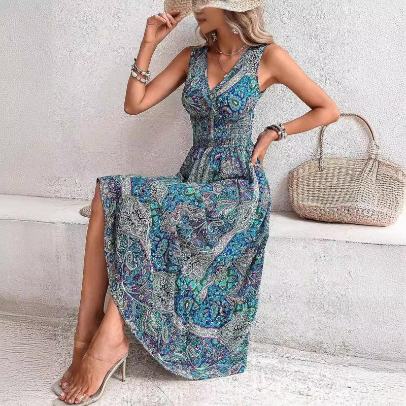 Dresses | Blue Paisley Print Tassel Frill Hem Maxi Dress  –  Womens Clothing Blue