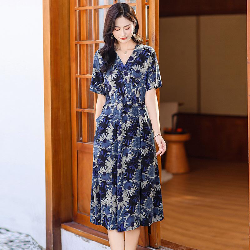 Dresses | Blue Petite Floral Print Shirred Tea Dress  –  Womens Clothing Blue