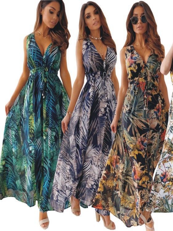 Dresses | Blue Petite Tropical Print Shirred Maxi Dress  –  Womens Clothing Blue