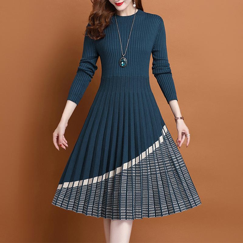 Dresses | Blue Pleated Border Ribbed Knit Dress  –  Womens Clothing Blue