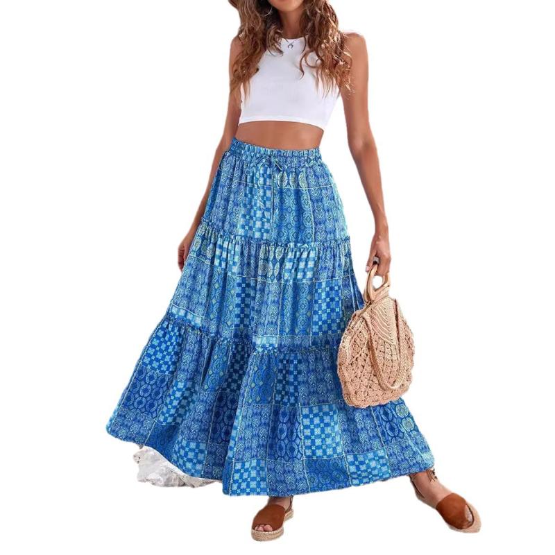 Dresses | Blue Printed Shirred Bodice Maxi Dress  –  Womens Clothing Blue