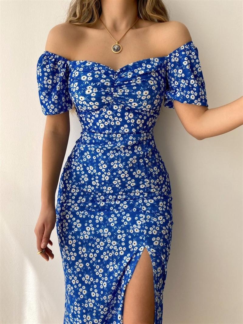 Dresses | Blue Shirred Ditsy Floral Print Bardot Dress  –  Womens Clothing Blue