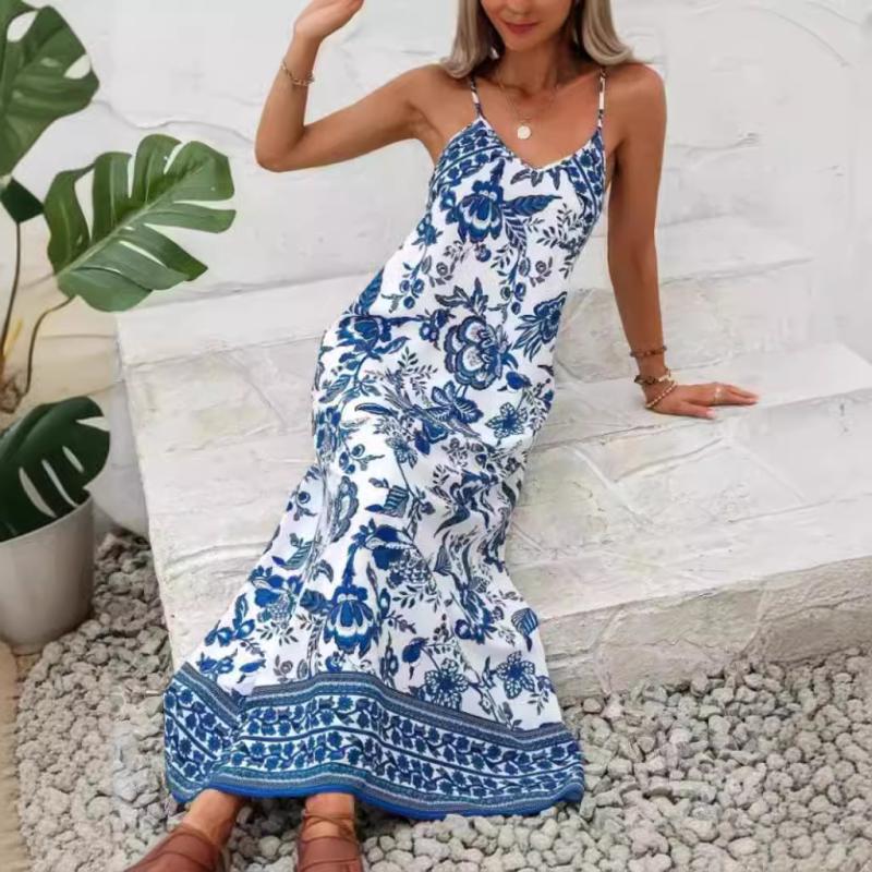 Dresses | Blue Sleeveless Floral Border Print Midi Dress  –  Womens Clothing Blue