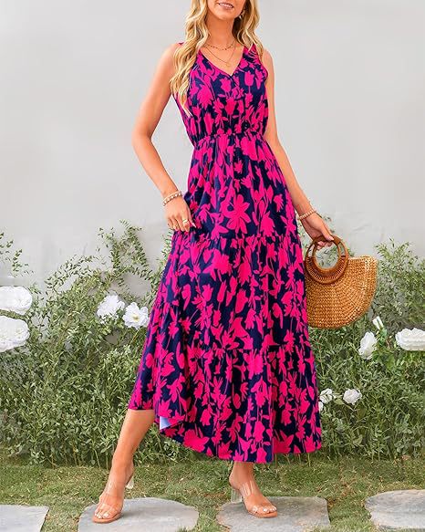 Dresses | Fuchsia Abstract Print Gathered Skirt Midi Dress  –  Womens Clothing Dresses