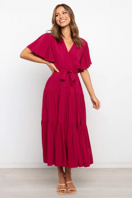 Dresses | Fuchsia Plain Frill Detail Tiered Midi Dress  –  Womens Clothing Dresses