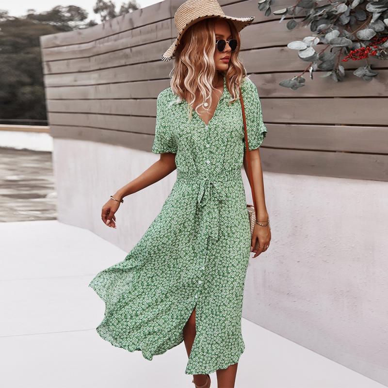 Dresses | Green Ditsy Floral Print Shirt Dress  –  Womens Clothing Dresses