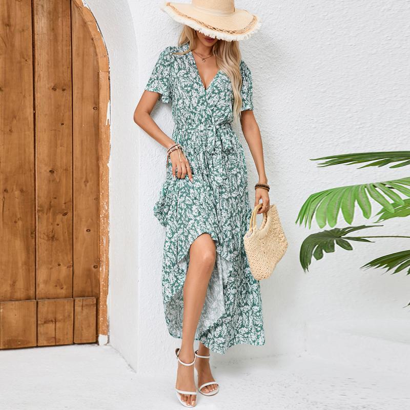 Dresses | Green Floral Print Button Detail Tea Dress  –  Womens Clothing Dresses