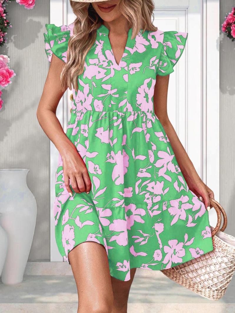 Dresses | Green Petite Leaf Print Shirred Midi Dress  –  Womens Clothing Dresses