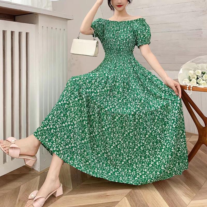 Dresses | Green Shirred Ditsy Floral Print Bardot Dress  –  Womens Clothing Dresses