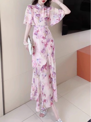 Dresses | Light Pink Petite Floral Cape Chiffon Midi Dress  –  Womens Clothing Dresses