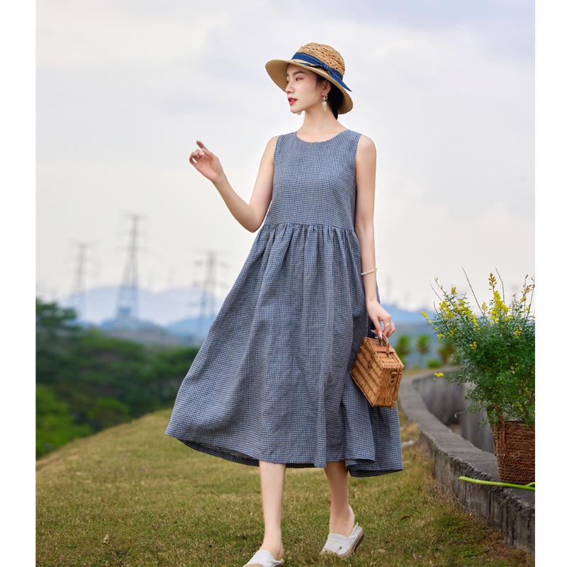 Dresses | Navy Curve Gingham Linen Look Ruched Midi Dress  –  Womens Clothing Dresses