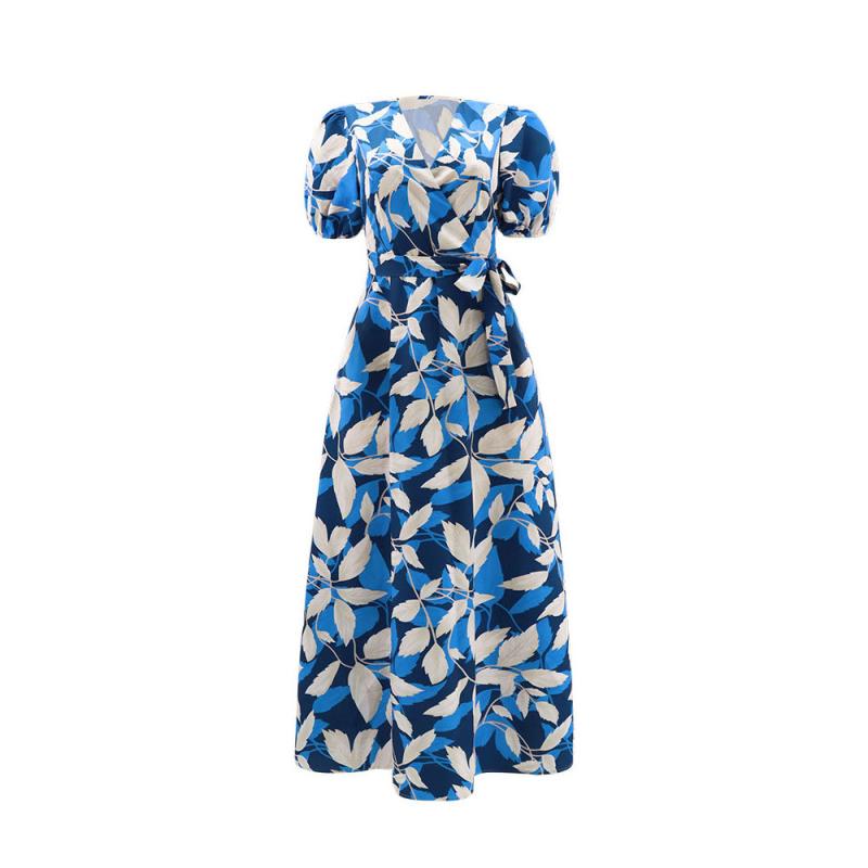 Dresses | Navy Curve Leaf Print Shirred Midi Dress  –  Womens Clothing Dresses