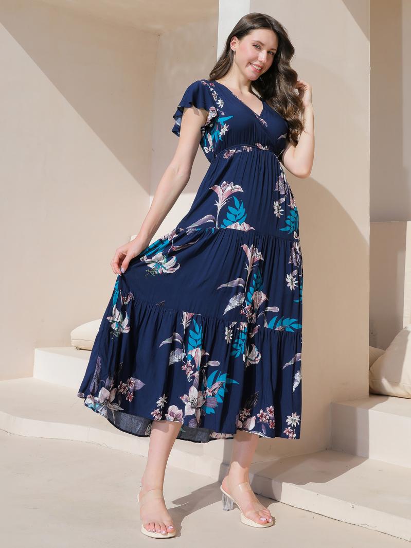 Dresses | Navy Floral Print Tiered Midi Dress  –  Womens Clothing Dresses