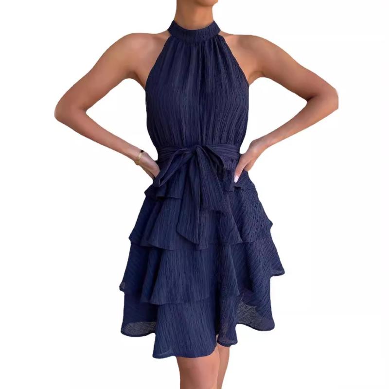 Dresses | Navy Halter Neck Chiffon Asymmetric Hem Dress  –  Womens Clothing Dresses