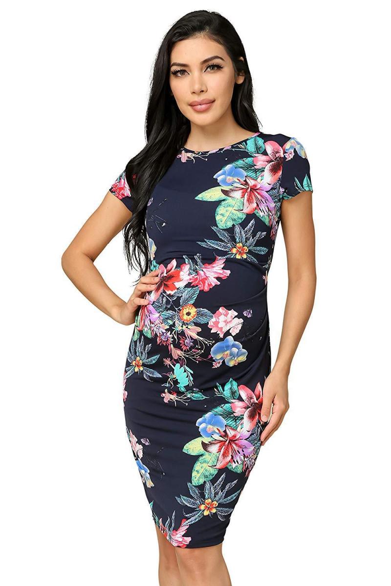 Dresses | Navy Petite Floral Print Ruched Midi Dress  –  Womens Clothing Dresses