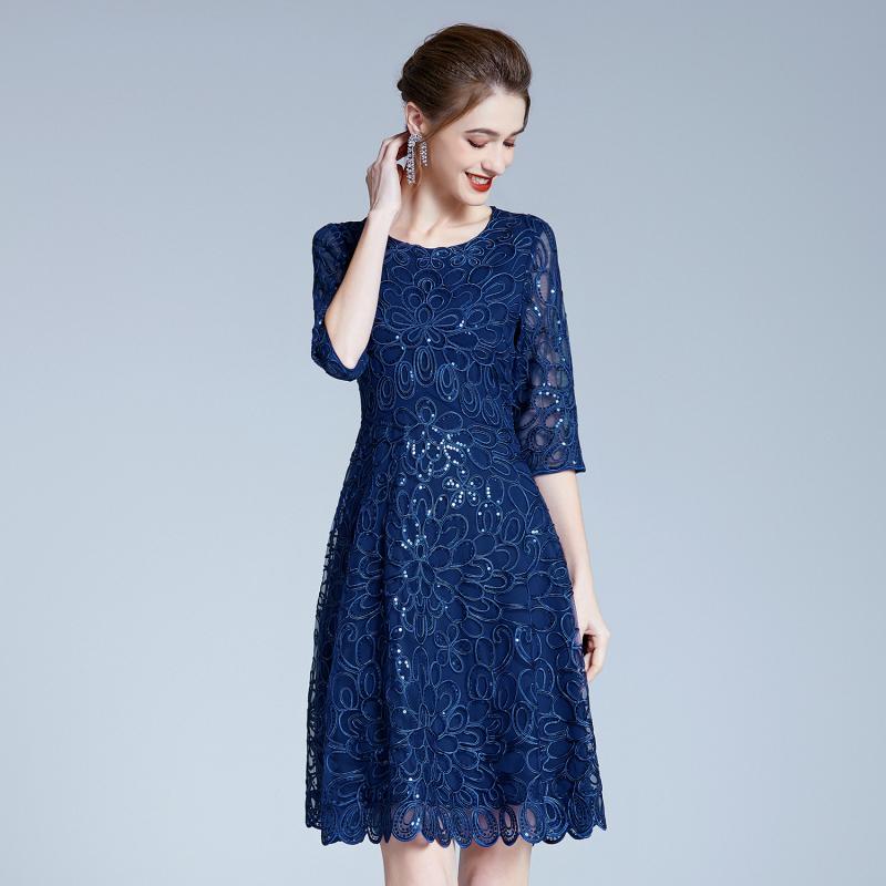 Dresses | Navy Petite Lace Shimmer Belted Midi Dress  –  Womens Clothing Dresses