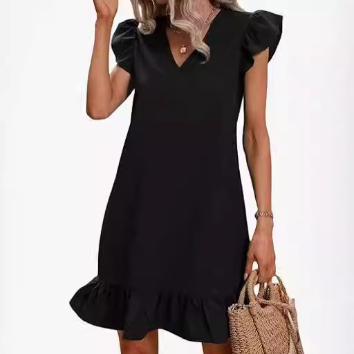 Dresses | Navy Plain Cotton Frill Sleeve Pocket Dress  –  Womens Clothing Dresses