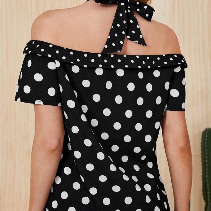 Dresses | Navy Polka Dot Cold Shoulder Dress  –  Womens Clothing Dresses