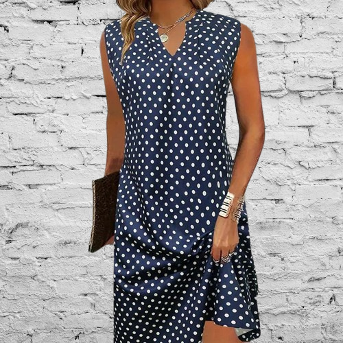 Dresses | Navy Polka Dot Print Sleeveless Dress  –  Womens Clothing Dresses