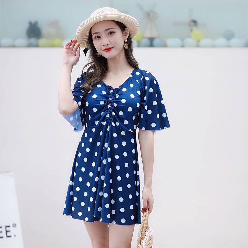 Dresses | Navy Spot Print Belted Skater Dress  –  Womens Clothing Dresses