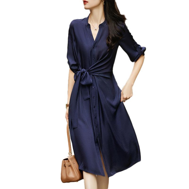 Dresses | Navy Textured Belted Midi Shirt Dress  –  Womens Clothing Dresses