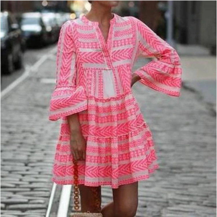 Dresses | Pink Aztec Print Tiered Midi Smock Dress  –  Womens Clothing Dresses