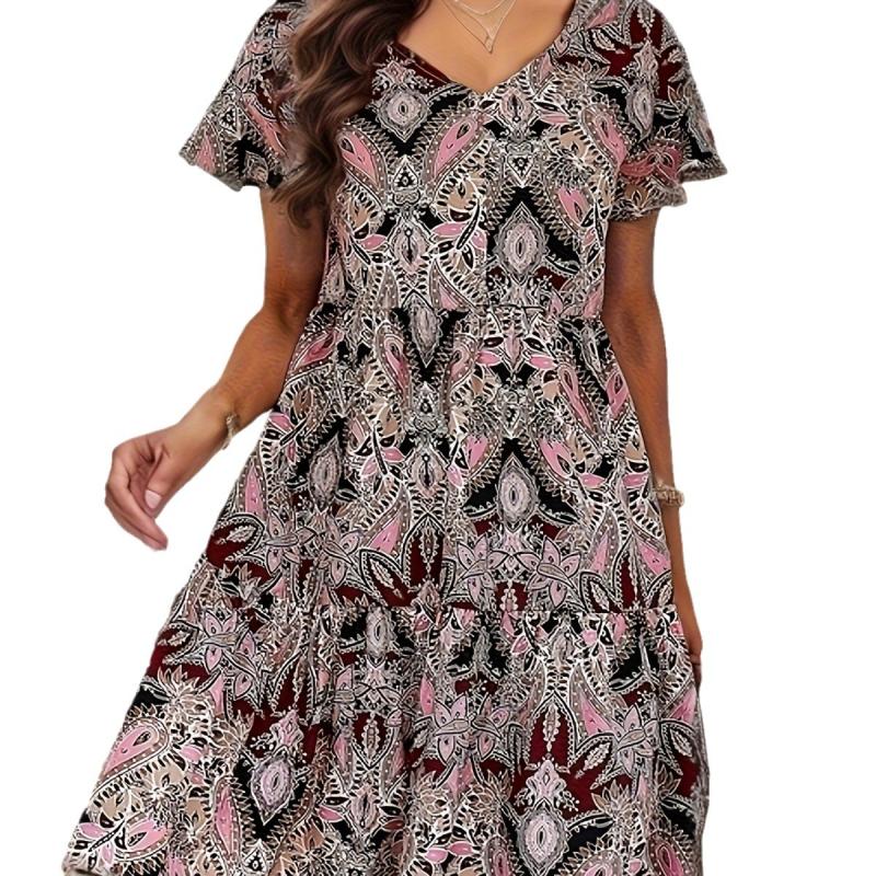 Dresses | Pink Curve Printed Crinkle Shirred Midi Dress  –  Womens Clothing Dresses