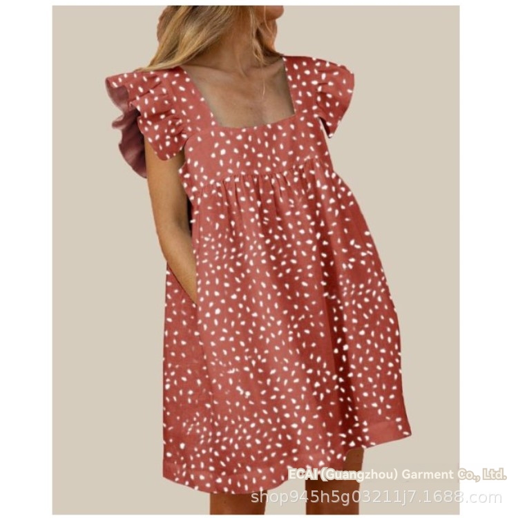 Dresses | Pink Frill Sleeve Spot Shirred Midi Dress  –  Womens Clothing Dresses