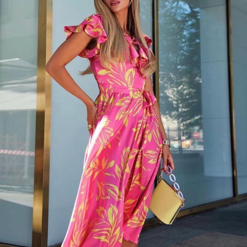 Dresses | Pink Petite Tropical Print Frill Detail Midi Dress  –  Womens Clothing Dresses