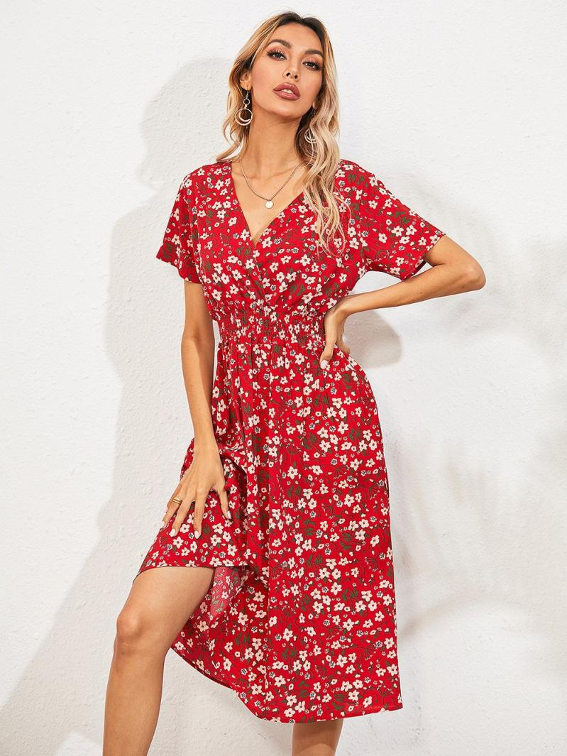 Dresses | Red Abstract Print Tiered Smock Midi Dress  –  Womens Clothing Dresses