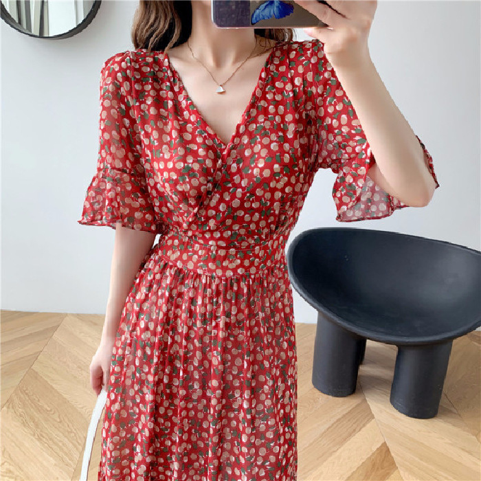 Dresses | Red Button Detail Floral Tea Dress  –  Womens Clothing Dresses