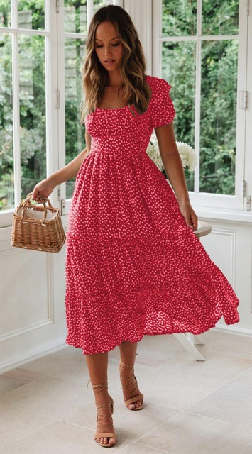 Dresses | Red Ditsy Leopard Print Frill Hem Midi Dress  –  Womens Clothing Dresses