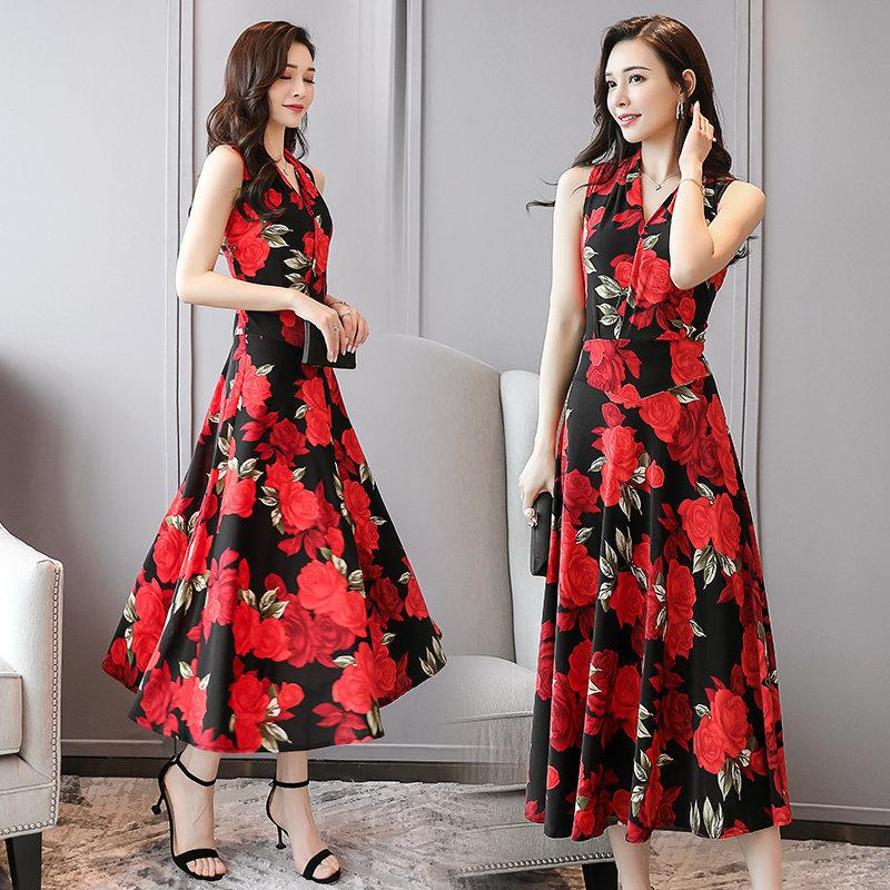 Dresses | Red Floral Pleated Halter Neck Midi Dress  –  Womens Clothing Dresses