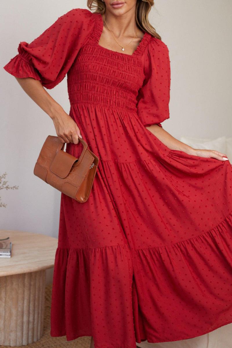 Dresses | Red Metallic Puff Sleeve Shirred Dress  –  Womens Clothing Dresses