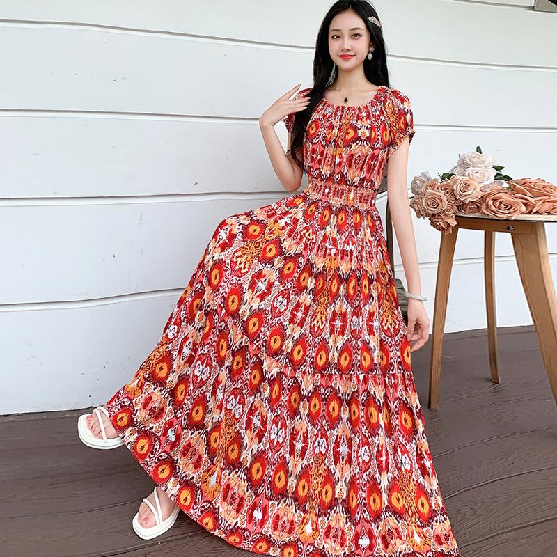 Dresses | Red Mixed Print Shirred Midi Dress  –  Womens Clothing Dresses