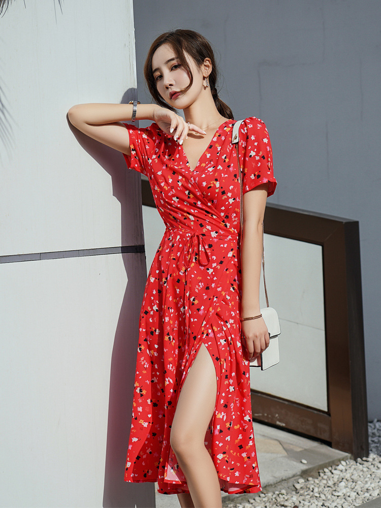 Dresses | Red Petite Floral Stretch Wrap Dress  –  Womens Clothing Dresses