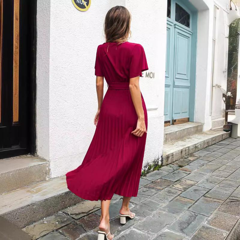 Dresses | Red Petite Plain Pleated Skirt Midi Dress  –  Womens Clothing Dresses